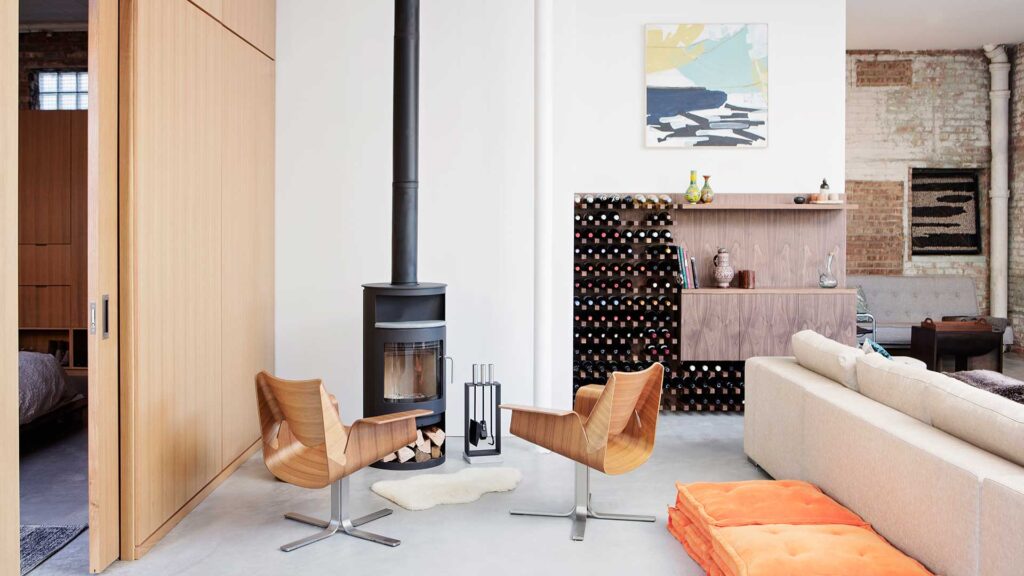 Modern Living Room With Fireplace And Wine Cellar