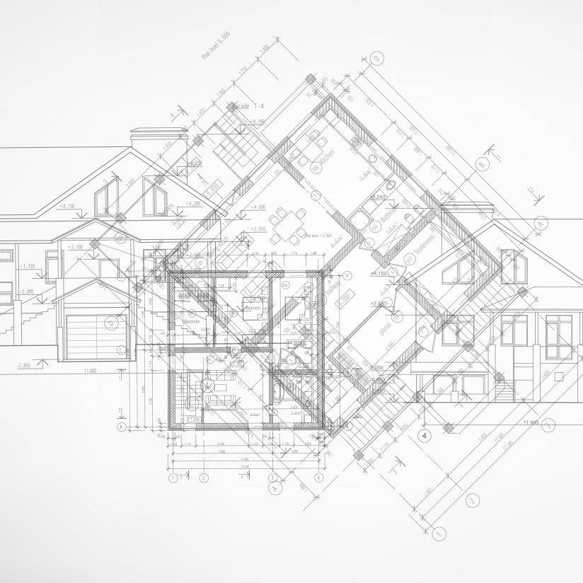 Architectural construction drawing showing a detailed house floor plan with dimensions and annotations