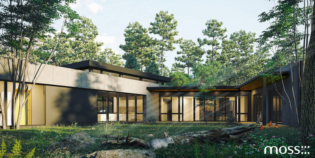 Moss Chicago Architect Modern Net Zero Home rendering of modern concrete and glass house in woodland forest