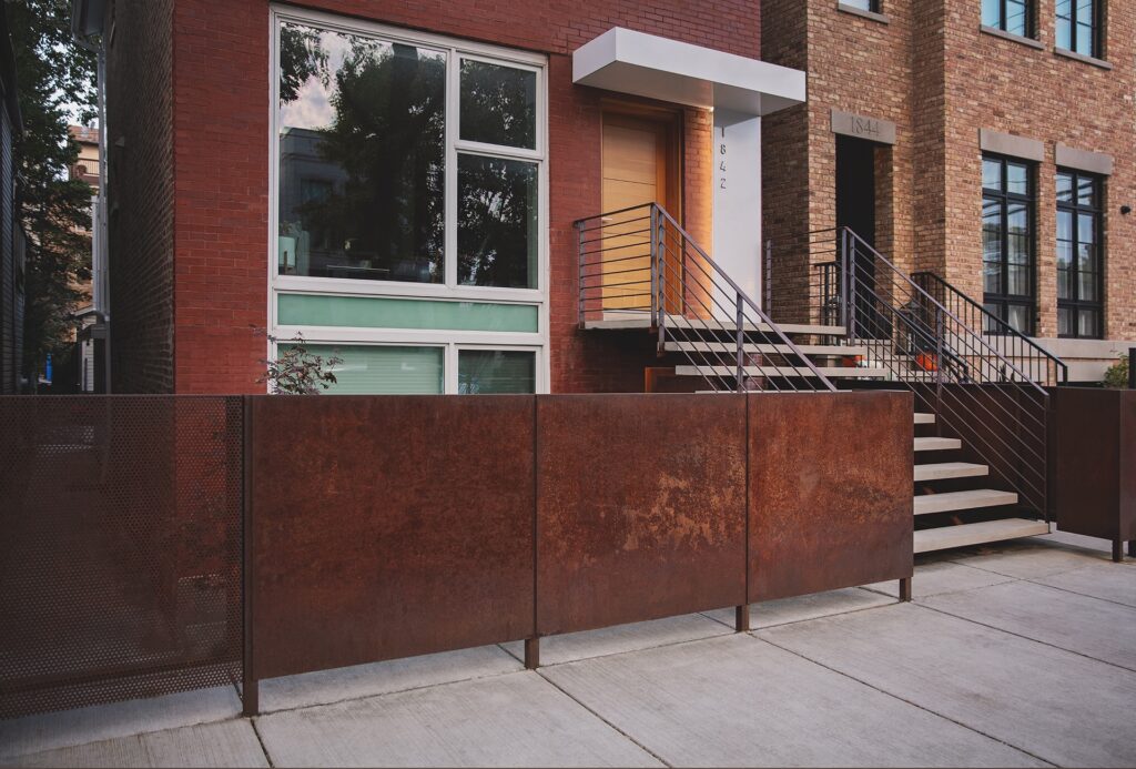 Winchester House Stairs Limestone Corten Fence Front Yard