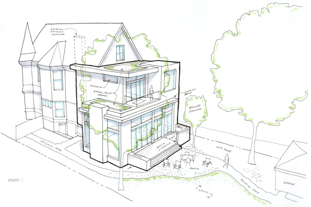 Moss Chicago Architect Victorian House Modern Addition Sketch patio with trees, nano wall with glass