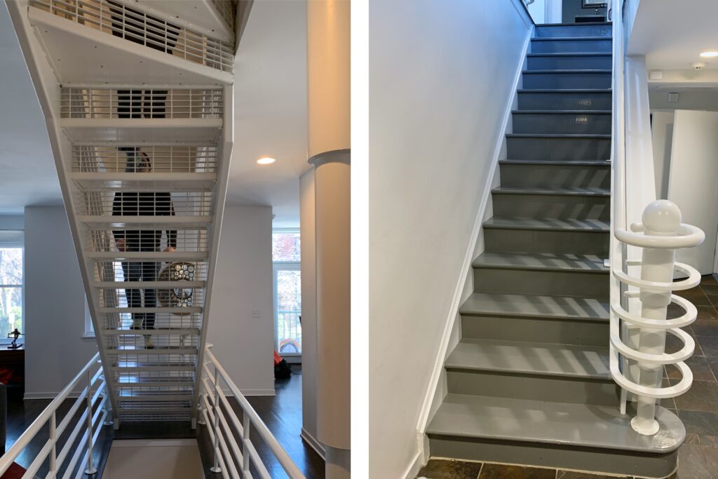 Side-by-side images of two indoor staircases: the left one has open metal steps and white railings, while the right one features solid gray steps with modern white railing and a circular white post at the base.